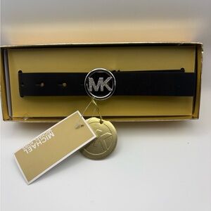 Michael Kors Black Leather Belt with Crystal MK Round Buckle S/M